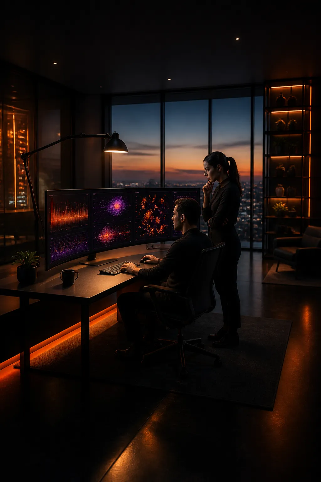 Victorus team building an AI performance marketing ecosystem at a modern studio workstation
