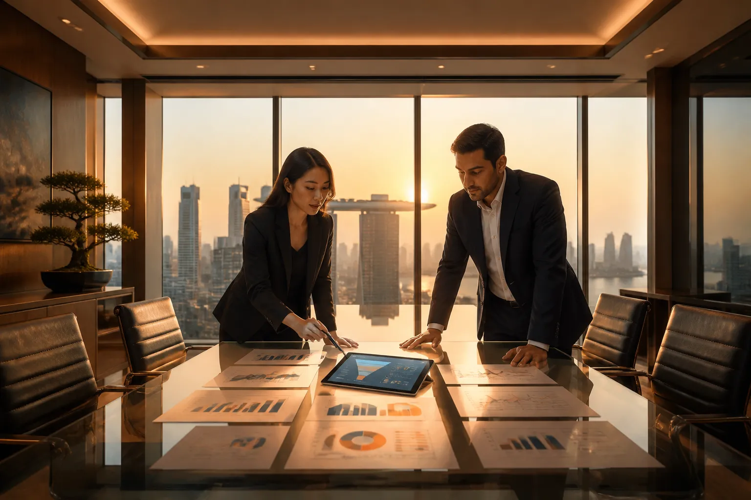 Business professionals reviewing a performance marketing strategy in a modern high-rise boardroom