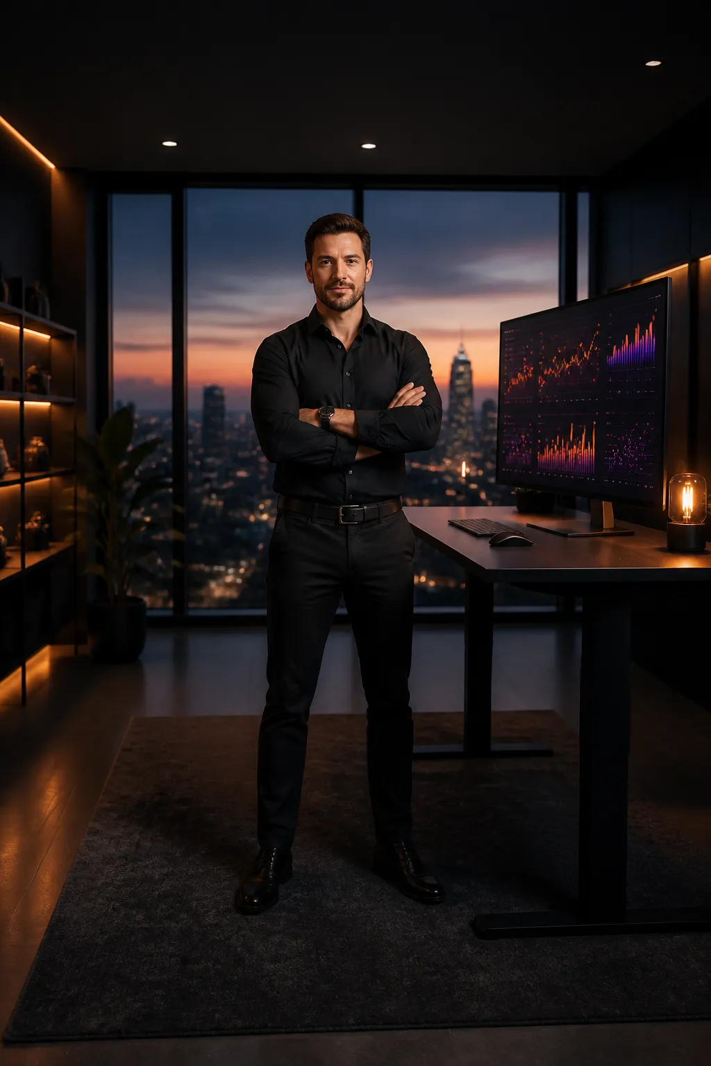 Entrepreneur reviewing Victorus performance marketing analytics dashboard in a modern office at dusk